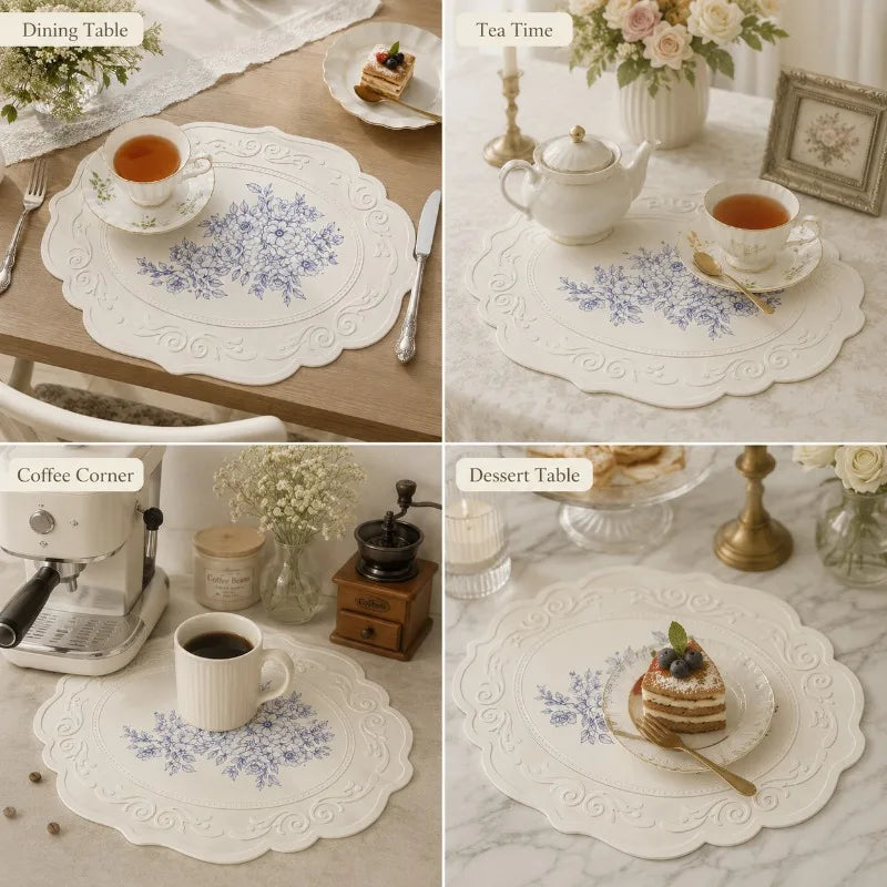 placemat silicone fleurs bleues blanc bordure embossée classique élégant imperméable cuisine table manger