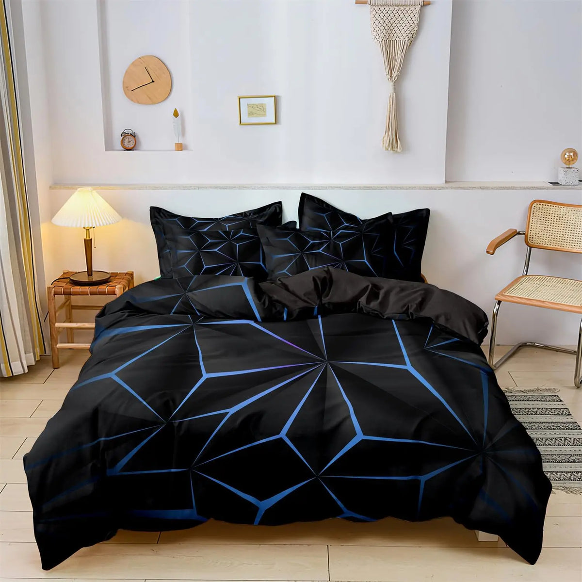 housse couette géométrique moderne coton noir bleu taies oreillers zippées adultes enfants chambrehôtel