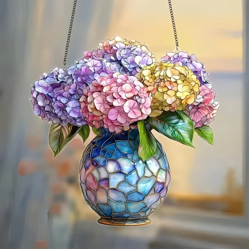 panneau suspendu multicolore acrylique mosaïque artisanal fleurs vases décoration extérieure fête ornement