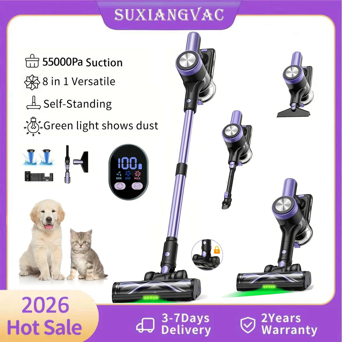 aspirateur sans fil violet noir brosse multifonctionnelle batterie lithium led display tapis poils animaux