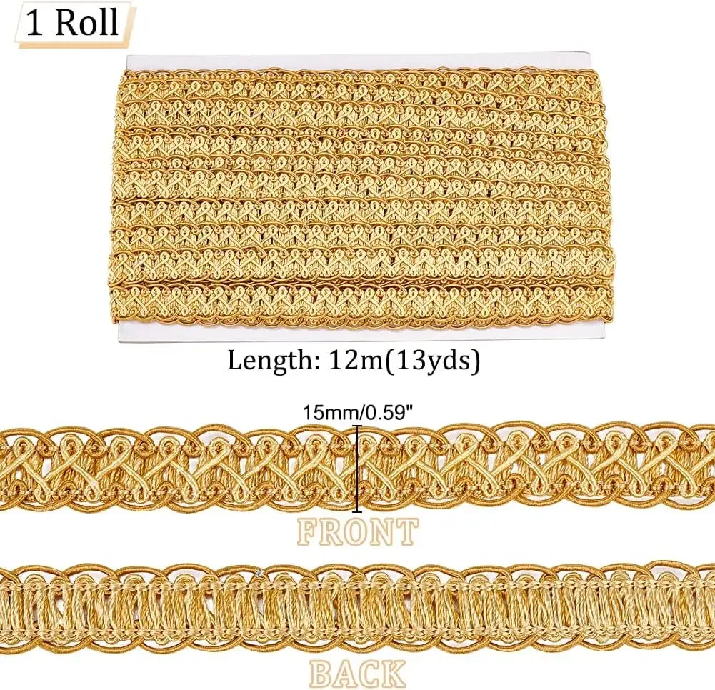 ruban tressé polyester doré tissage géométrique texturé 15mm large 12m longueur