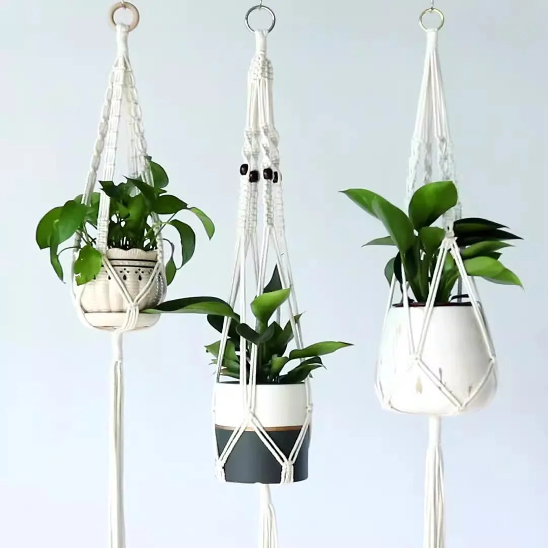 support plante suspendue macramé blanc artisanal anneaux métalliques pot inclusion 90cm 105cm 155cm