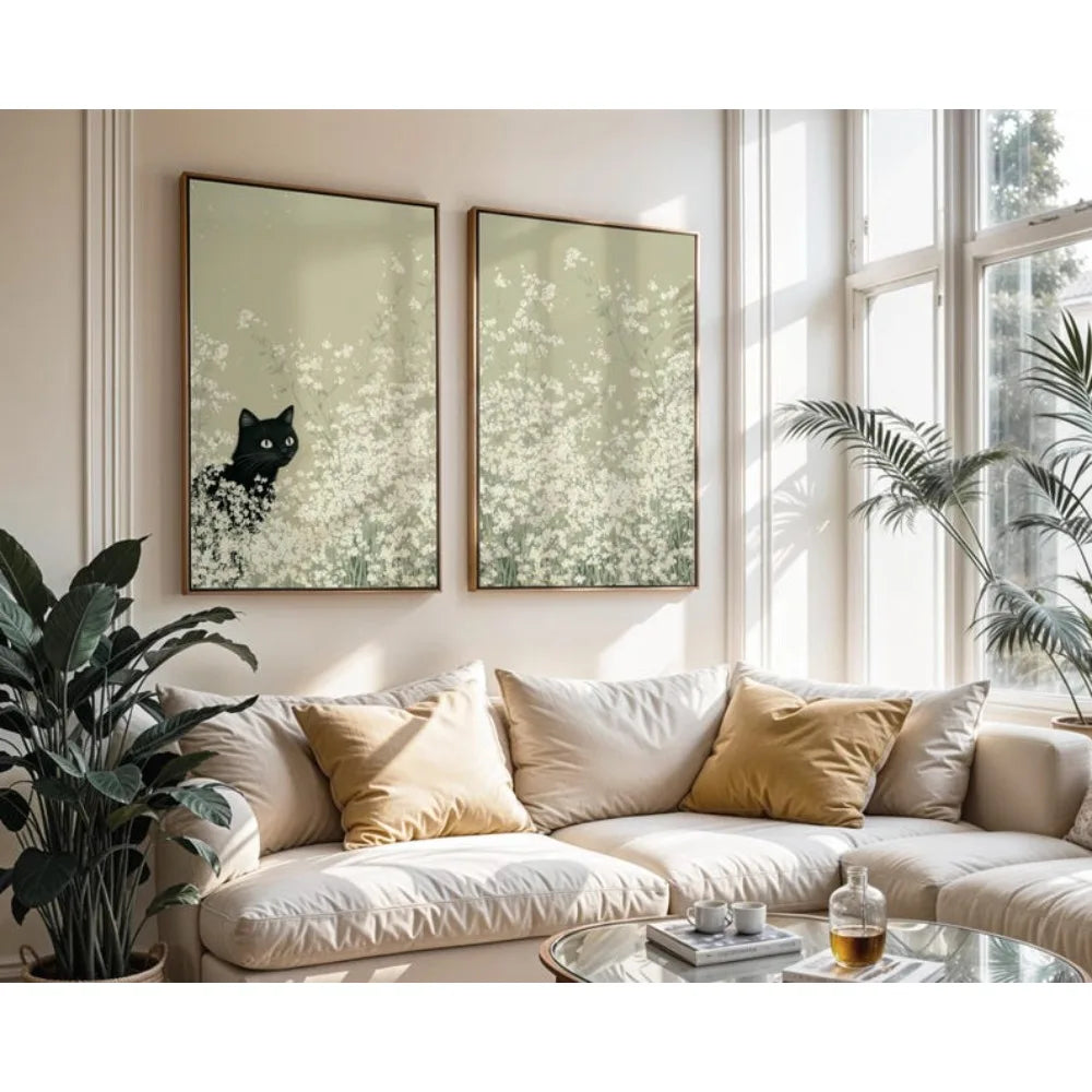tableau moderne toile chat noir fleurs vert clair salon chambre décoration impression toile minimaliste