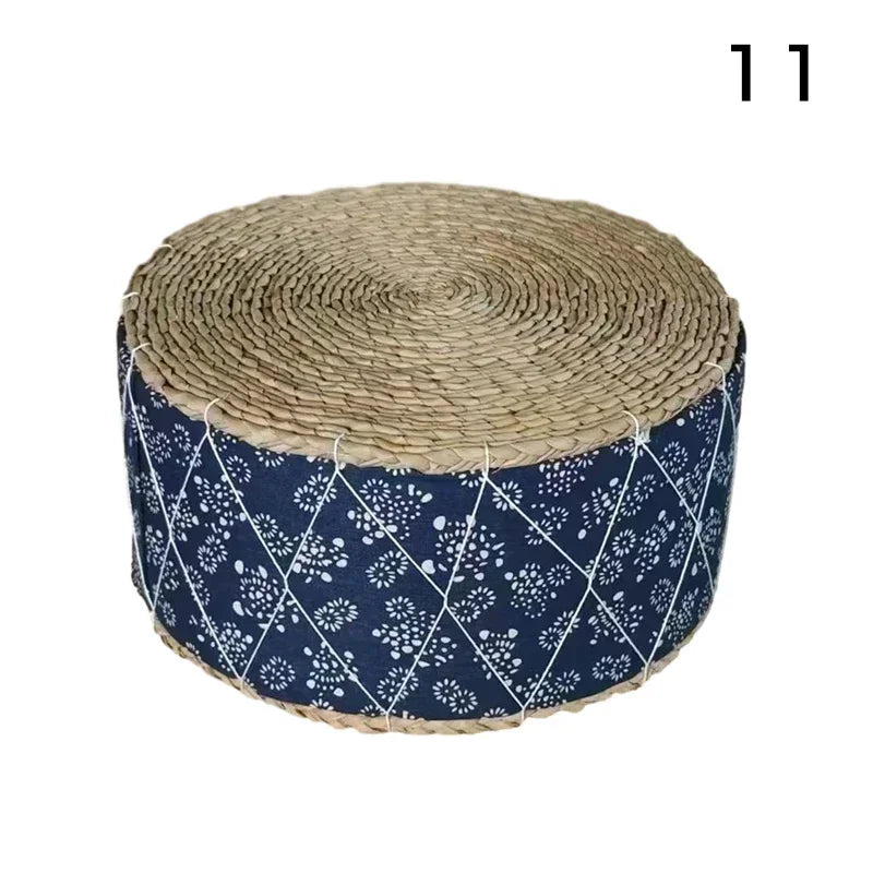 coussin futon rond tissé motifs géométriques beige bleu marine blanc boho rustique