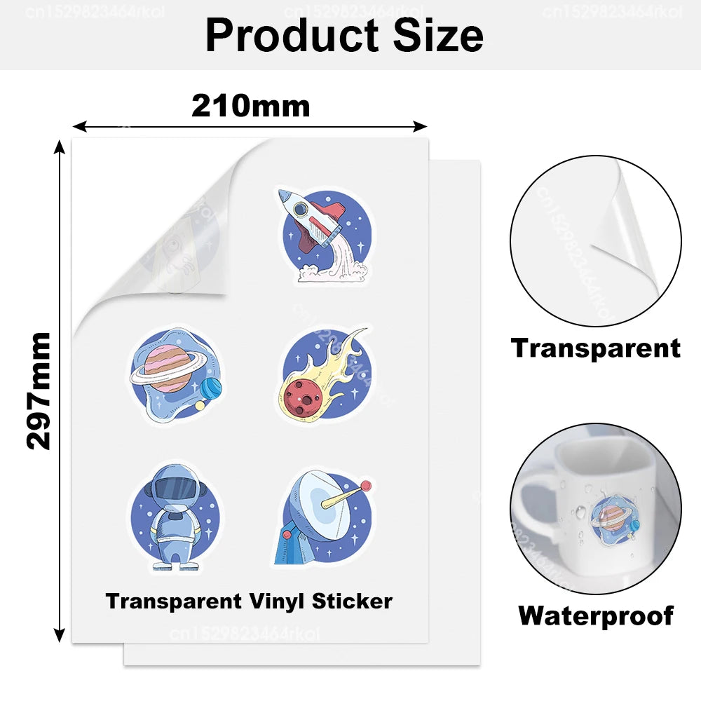 sticker adhésif transparent imprimable illustratif cartoon animaux planètes astronautes vinyle A4 210x297mm