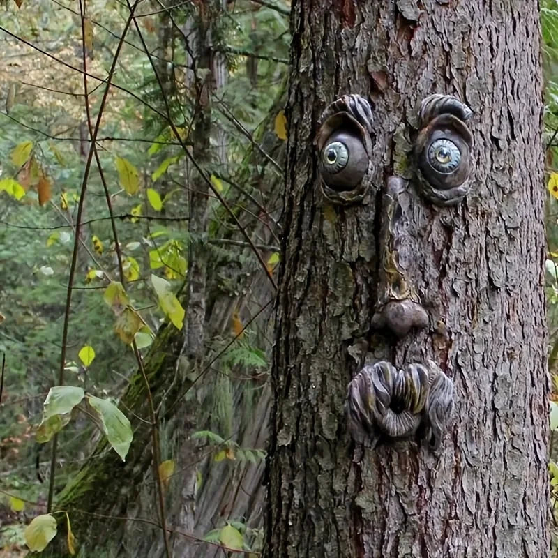 décorations murales résine yeux nez bouche barbe fantaisiste humoristique fixations écorce arbres rustic