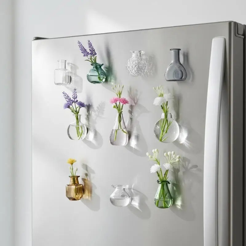 vases magnétiques transparents fleurs artificielles couleurs variées moderne minimaliste réfrigérateur maison