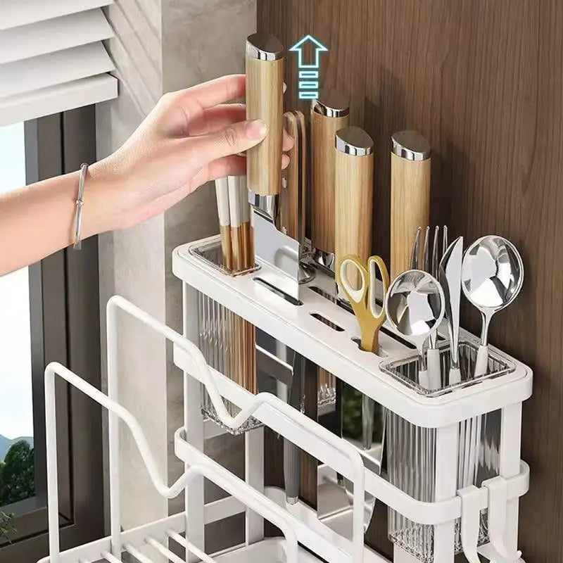 étagère vaisselle moderne adhésive blanc inoxydable paniers transparents cuillères fourchettes couteaux serviette brosse gant