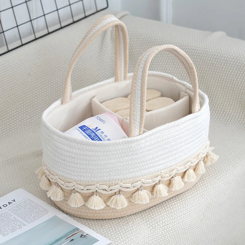 panier tressé rangement couches lingettes bébé rustique gris blanc beige