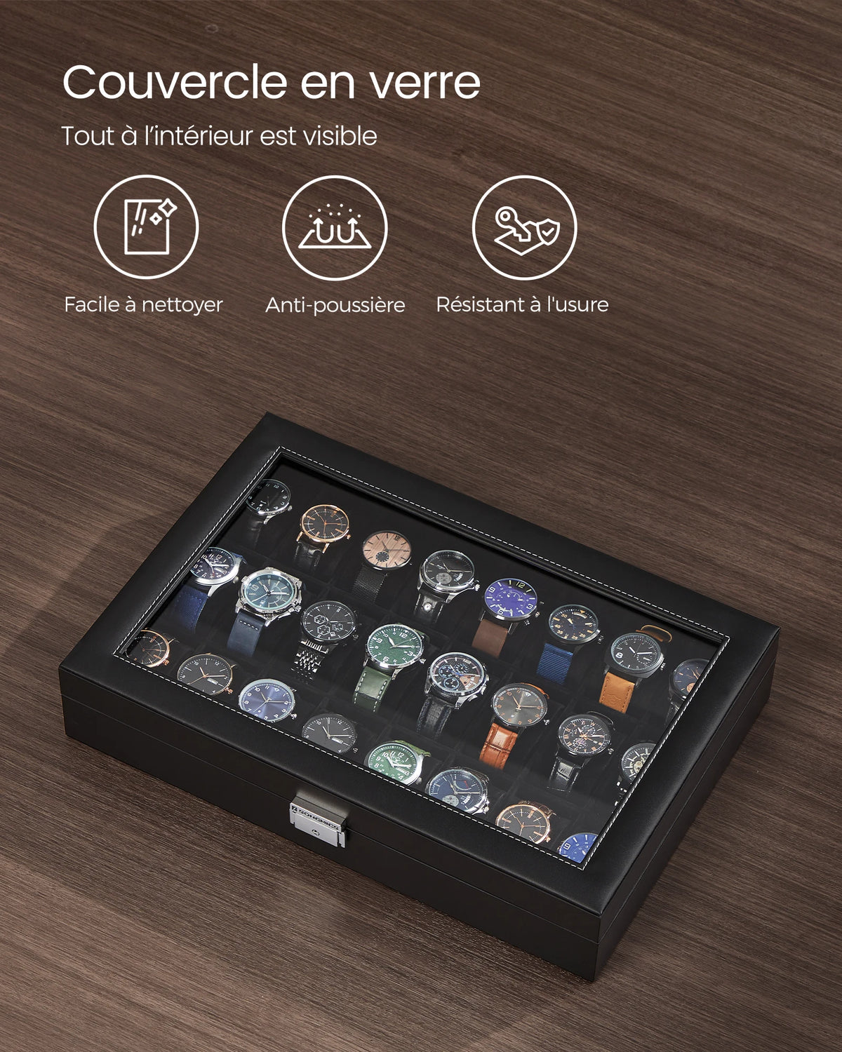 Boîte de rangement pour montres 24 emplacements couleur gris vue de dessus