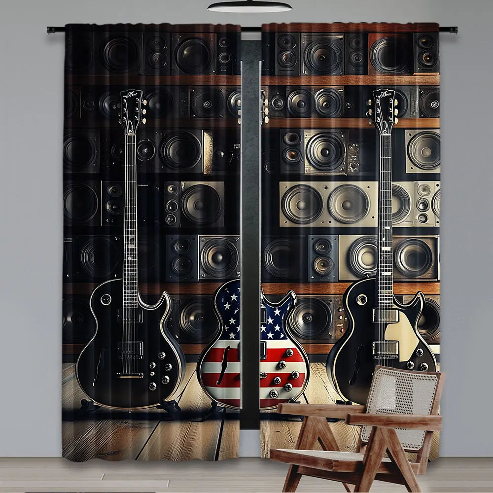 rideau noir guitares haut parleurs americain polyester moderne graphique 100cm 200cm