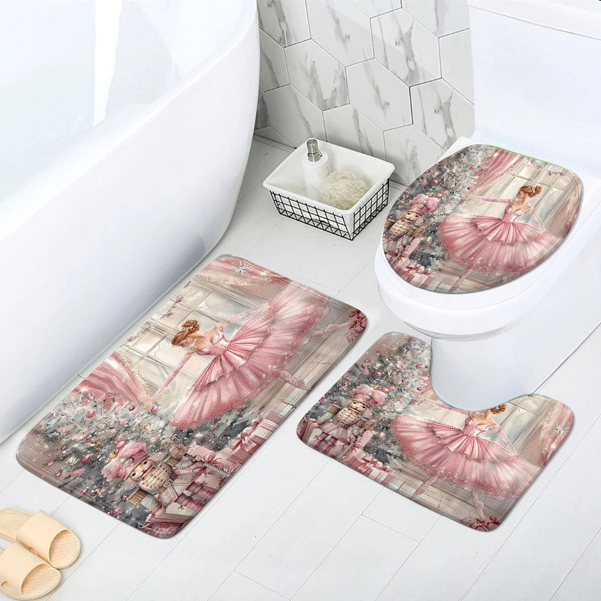 tapis salle bain rose gris blanc danseuse noel boules fleurs classique adhésif ensemble