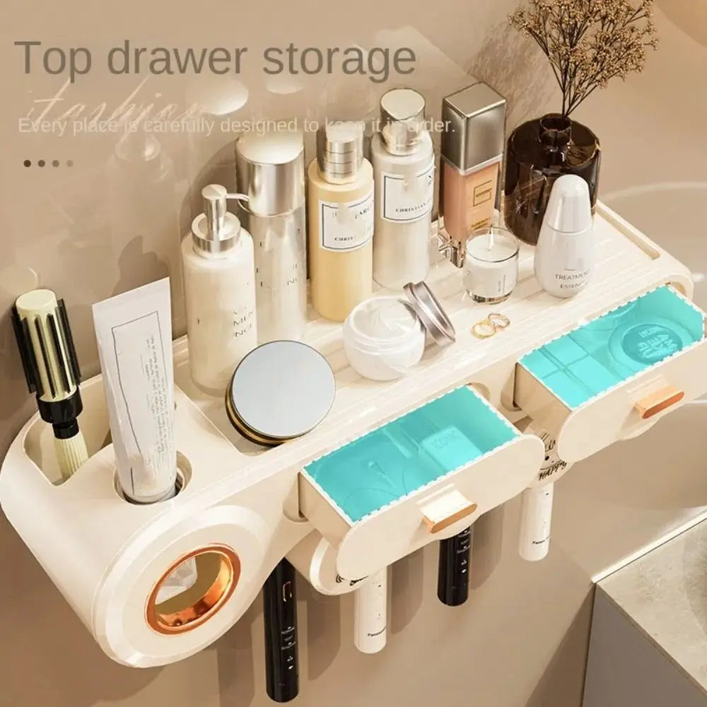 rangement mural blanc tiroirs adhésifs brosses dents produits cosmétiques moderne salle bain
