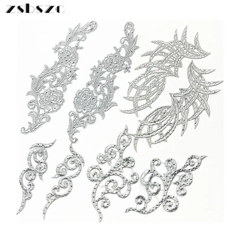accessoires baroques élégants appliques décoratives argentées dentelles strass polyester écologiques solubles eau floral ornements