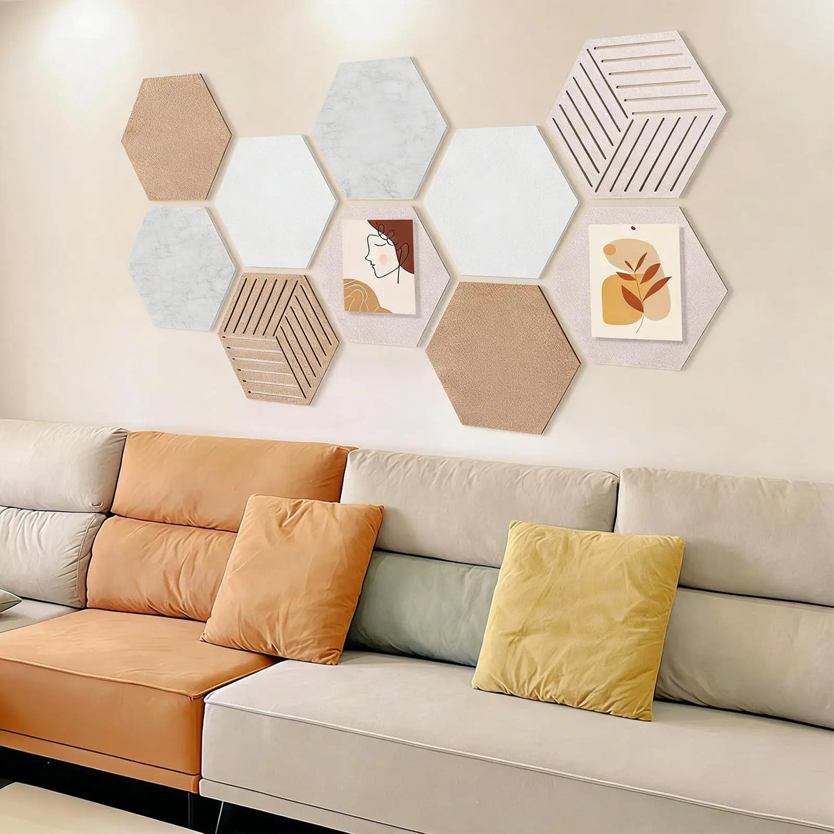 panneaux hexagonaux decoratifs mur modernes texturés beige marron vert gris kit diy affichage photos