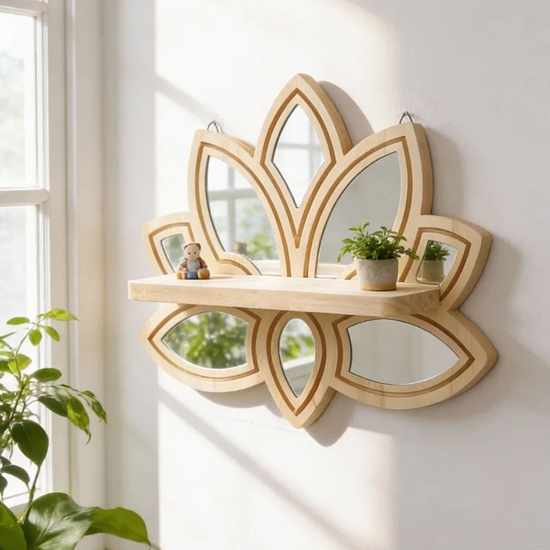 étagère miroir bois naturel clair forme géométrique moderne clips fixation plantes figurines chambre coucher