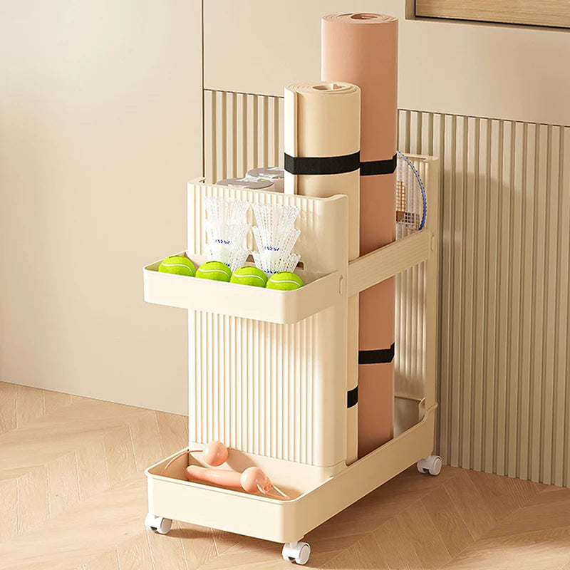 chariot rangement moderne roulettes tapis yoga boules fitness raquettes tennis bouteilles d'eau objets sportifs