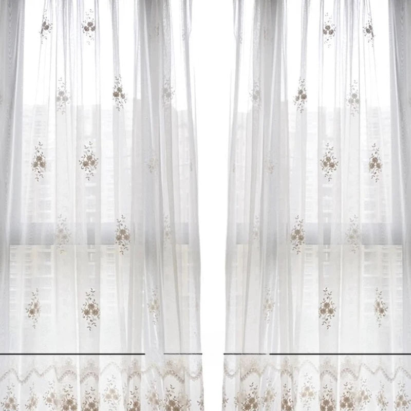 rideau tulle blanc beige broderie florale dentelle transparent classique salon chambre décoration