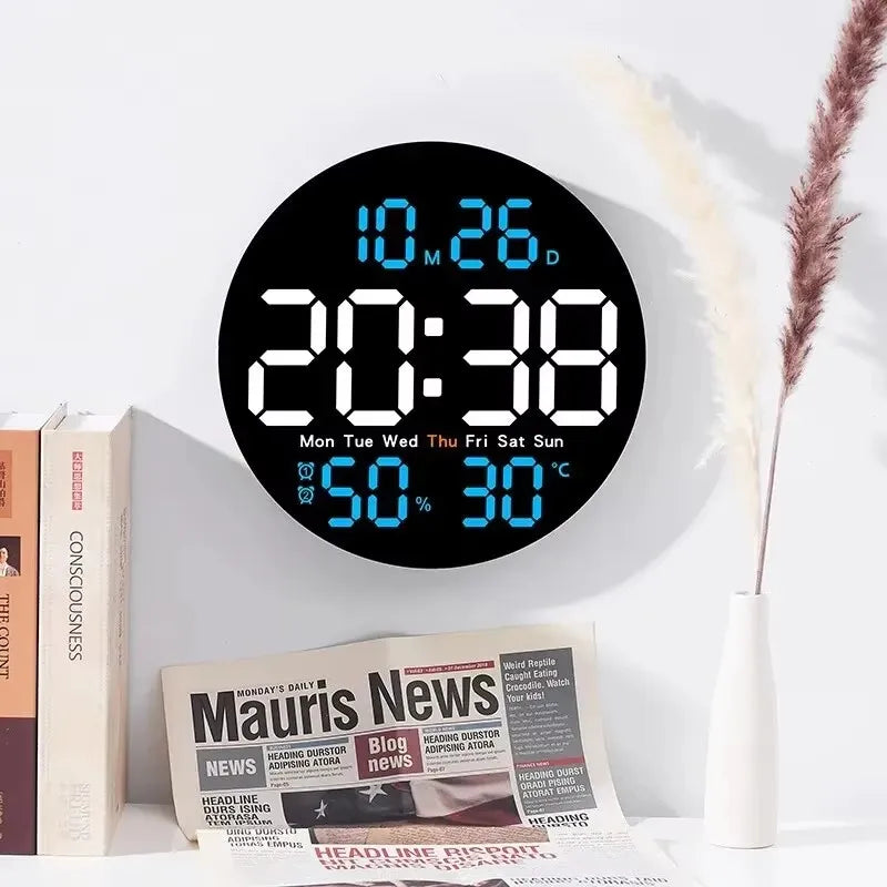 horloge murale numérique moderne affichage led temps date température humide noir bleu vert