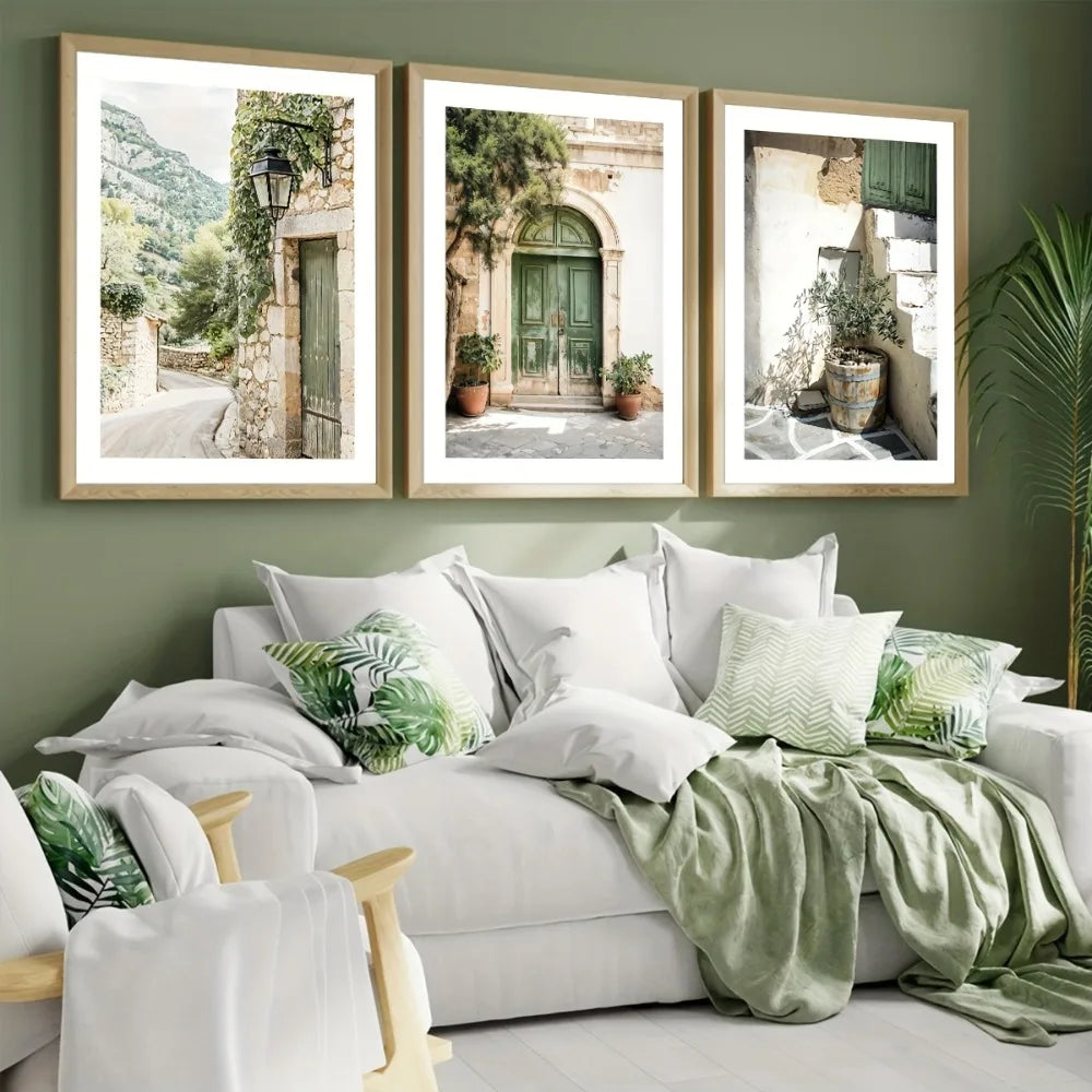 toile d'art classique minimaliste paysages urbains vert blanc beige abstraits sans cadre rectangle vertical