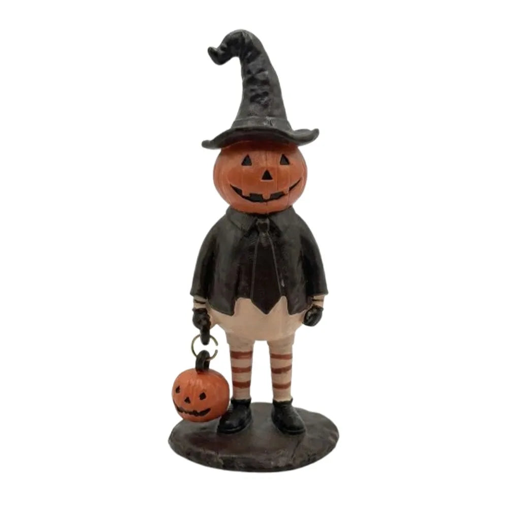 figurine halloween citrouille orange visage chapeau robe bas suspendue noire