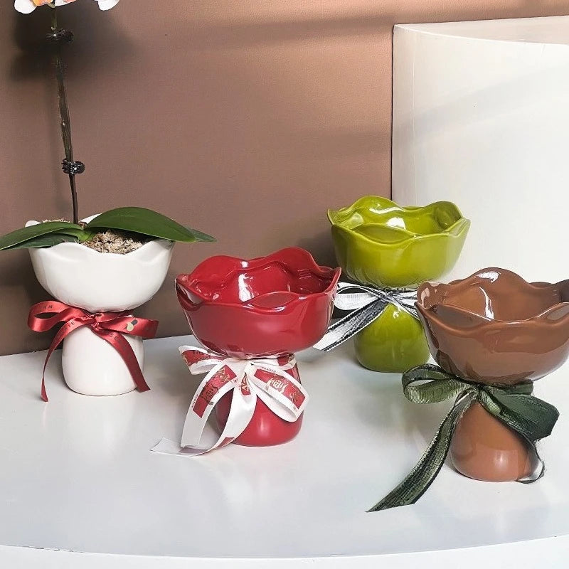 vase céramique moderne rouge vert rose décoratif ruban fleurs artificielles