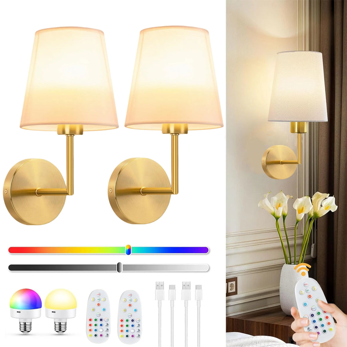 applique murale moderne dorée télécommande incluse éclairage led rechargeable 15 couleurs variées texture métallique