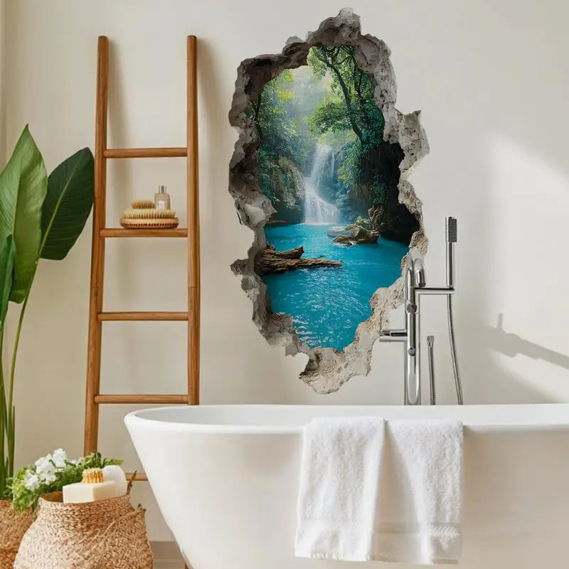 sticker mural paysage cascade végétation 3d naturel contemporain adhésif chambre bain decoration