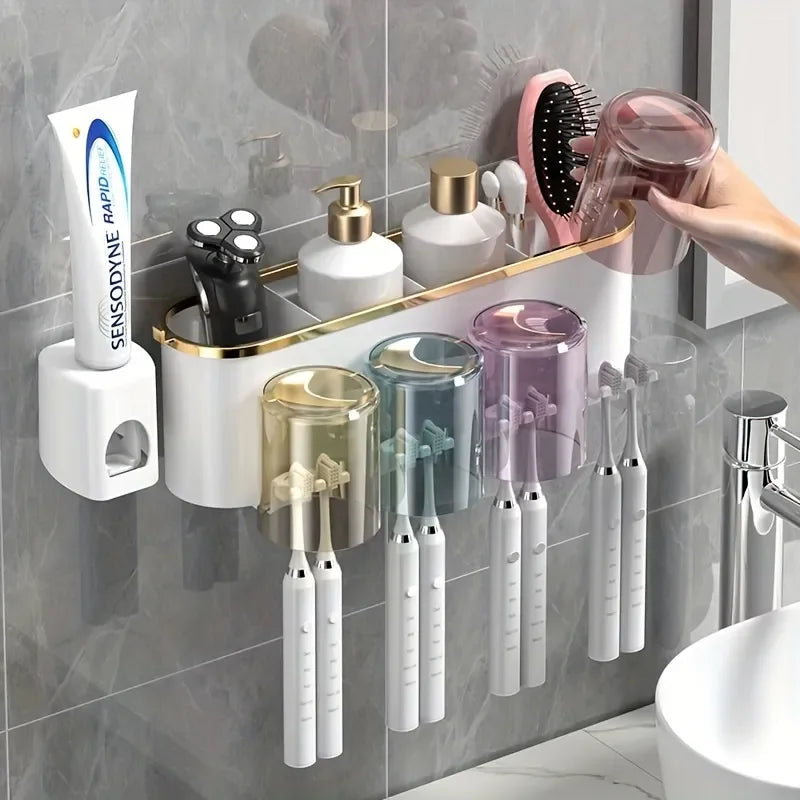 organisateur mural moderne blanc protections transparentes distributeur dentifrice supports brosses électriques compartiments cosmétiques salle