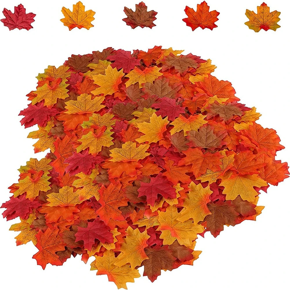 feuilles artificielles automnales orange rouge jaune marron naturelles decor halloween exterieur intérieur 9cm 7cm