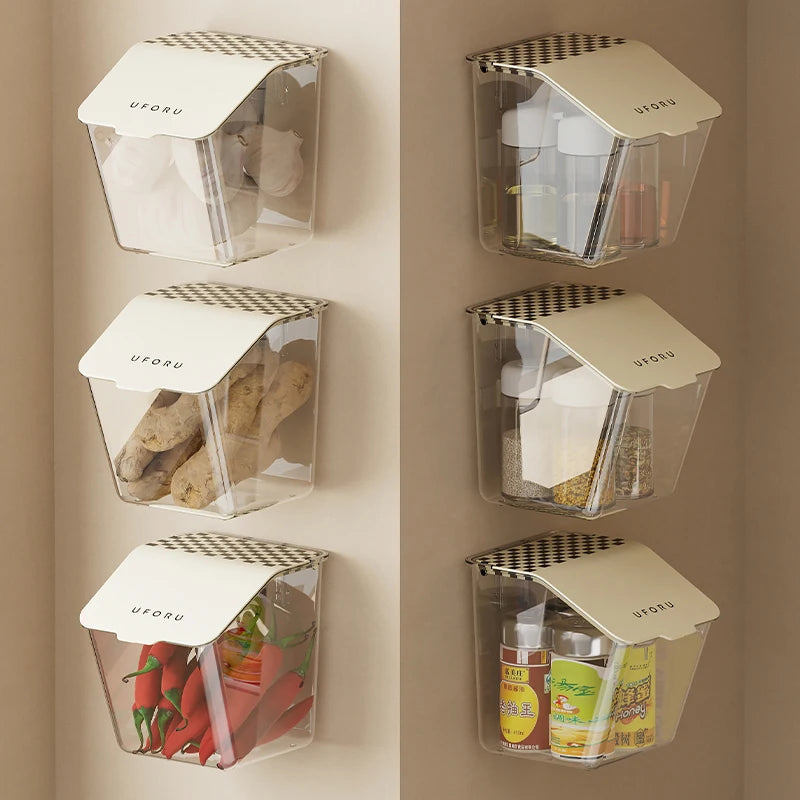 boîtes rangement murales adhésives transparentes carreaux blancs moderne épices aliments cuisine imperméables minimaliste