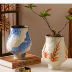 vase moderne peinture abstraite blanc bleu vert jaune artisanal fleur table decoration piece