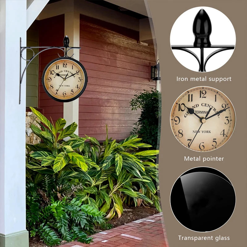 horloge murale double face vintage industrielle cadran transparent effet vieilli gare métal noir
