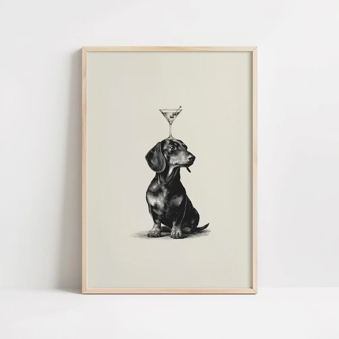 affiche encadrée bois chien assis verre martini dessin noir blanc beige décoration murale salon