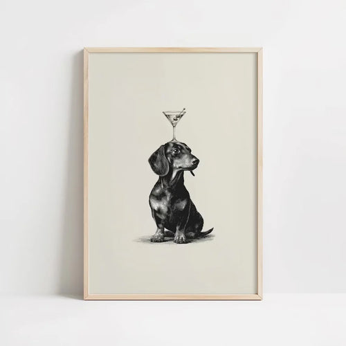 affiche encadrée bois chien assis verre martini dessin noir blanc beige décoration murale salon