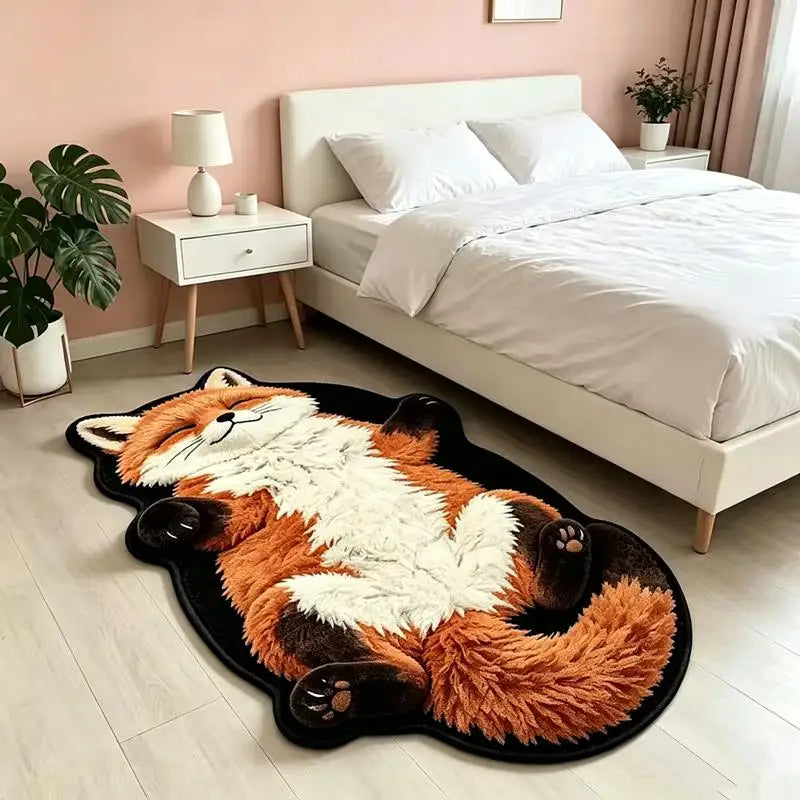 tapis peluche chaton gris rose orange oreilles pattes queue yeux fermés décoration maison