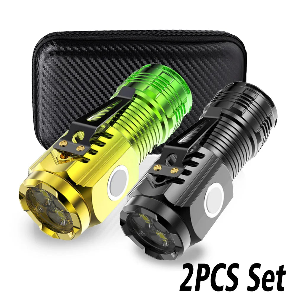 lampe torche rechargeable led vert jaune noir rayures verticales clip ceinture distance éclairage 100