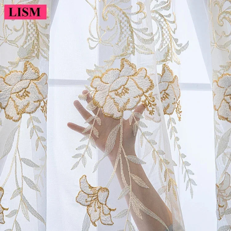 rideau blanc doré fleurs brodées transparent classique anneaux fenêtre salon chambre