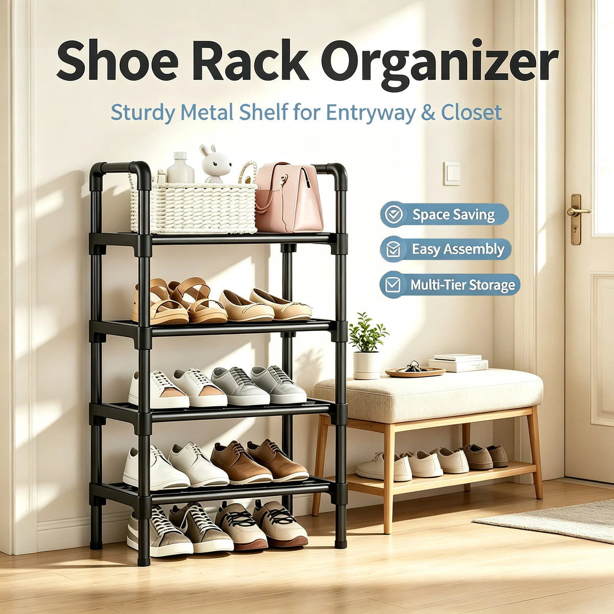 étagère chaussures métal noir moderne niveaux réutilisable facile chambre entrée placard