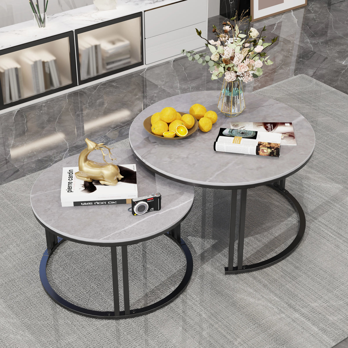 tables basses modernes marbre blanc gris pieds métalliques ensemble deux minimalistes assemblage