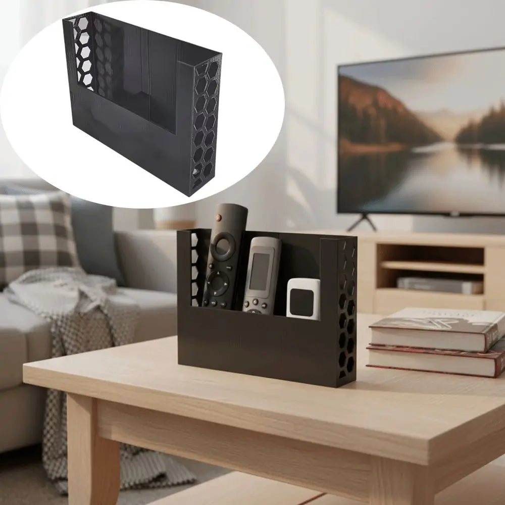 boîte rangement télécommandes noire hexagonale moderne organisation électronique portable smartphone