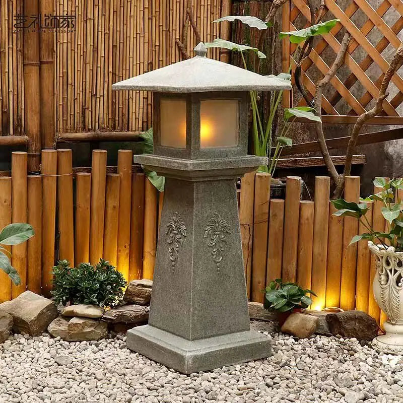 lanterne traditionnelle gris texture granitique motifs géométriques japonais lampe led base solide decoration exterieure