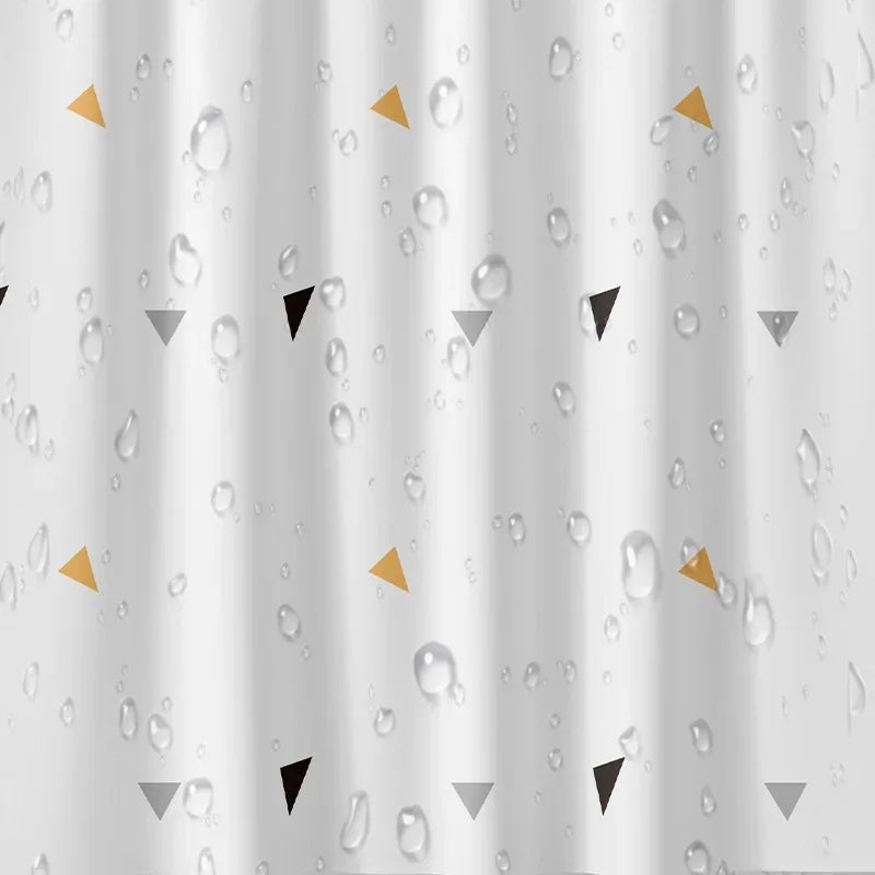 rideau douche moderne motif triangles blancs jaunes imperméable peva opaque anneaux fixations