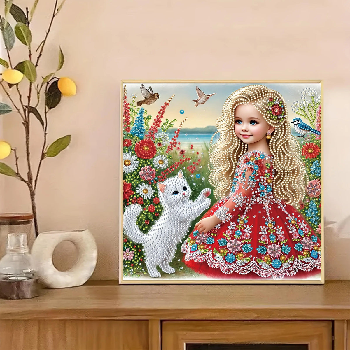tableau décoratif portrait fille chat floral résine moderne détaillé rouge blanc vert bleu doré