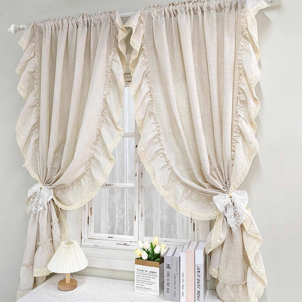 rideau vintage beige clair texture lin fleurs japonais coréen fronces décoratives maison