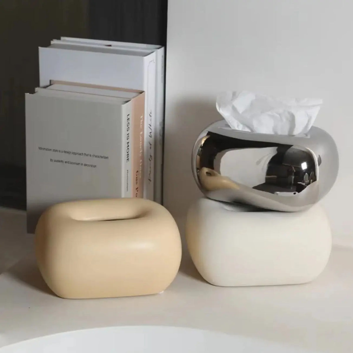 boîte mouchoirs porcelaine contemporaine beige argenté salon décoration ornement