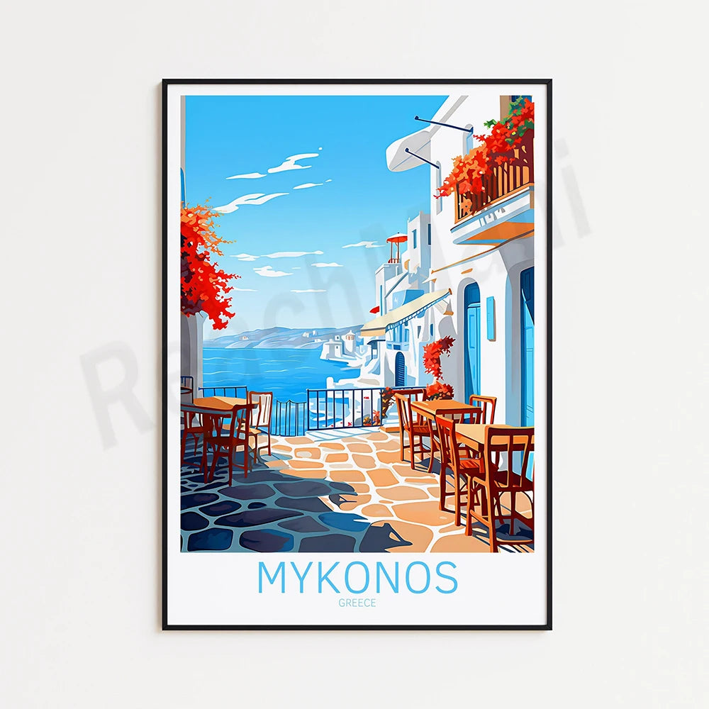 Une vue colorée et animée d'une rue typique de Mykonos, en Grèce, avec des maisons aux teintes bleu ciel, des terrasses aménagées avec des tables et des chaises, et une végétation luxuriante qui apporte une touche de chaleur à cette scène bucolique.