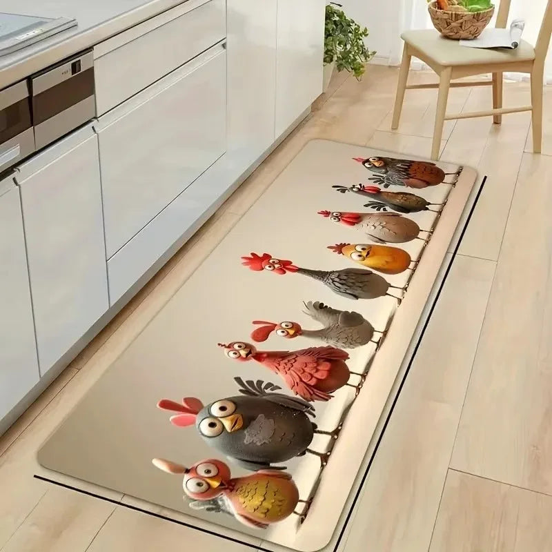 tapis sol antidérapant polyester poules colorées moderne salon chambre kitchen beige gris orange rouge