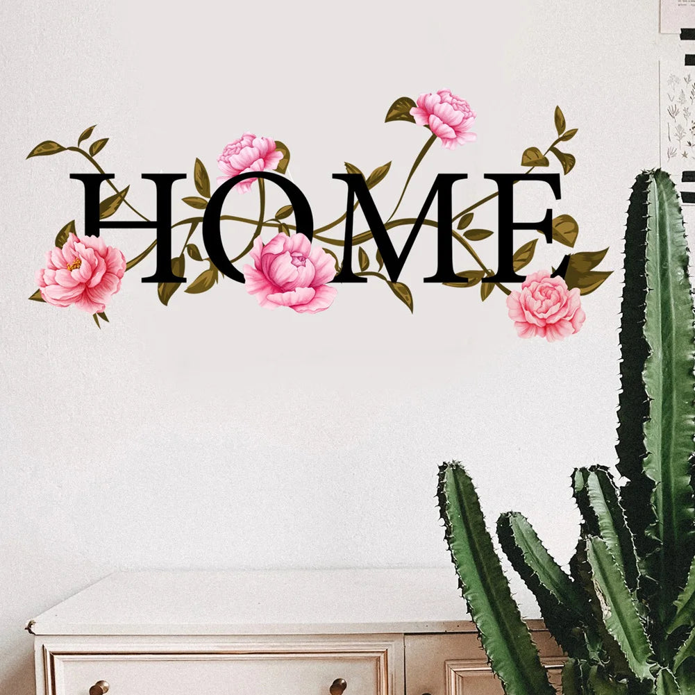 autocollant mural fleurs roses feuilles vertes lettres noires décoration intérieure floral chambre salon opaque