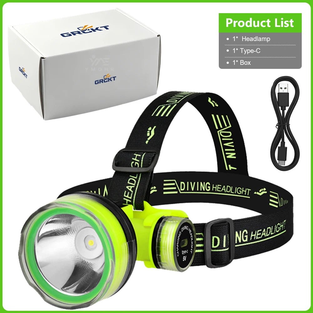 lampe frontale plongée sous marine led vert noir étanche ipx8 rechargeable 180deg